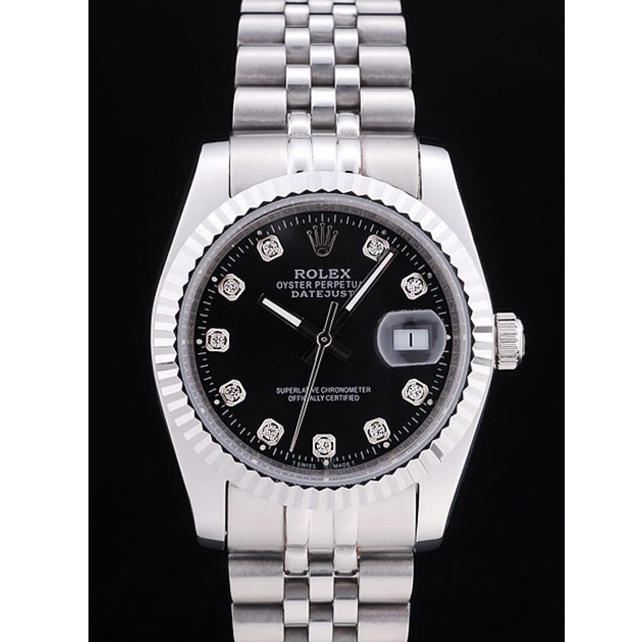 Aaa fake watches Diamonds Ribbed Black Rolex Dial 7458 Bezel Datejust 0630